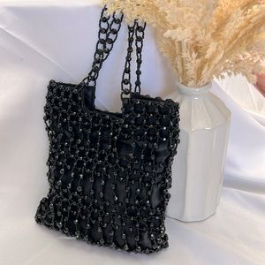 Vintage Black Satin Caged Beaded Clutch Flapper Bag Purse New York Giorgio BH